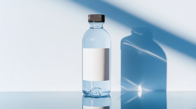 Transparent water bottle with blank label on neutral background. Ideal for product mockup or branding purposes. Copy space. 