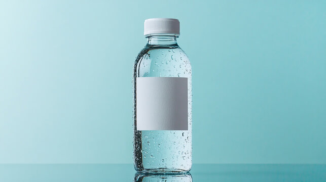 Transparent water bottle with blank label on a glossy turquoise background. Ideal for product mockup or branding purposes. Copy space. 