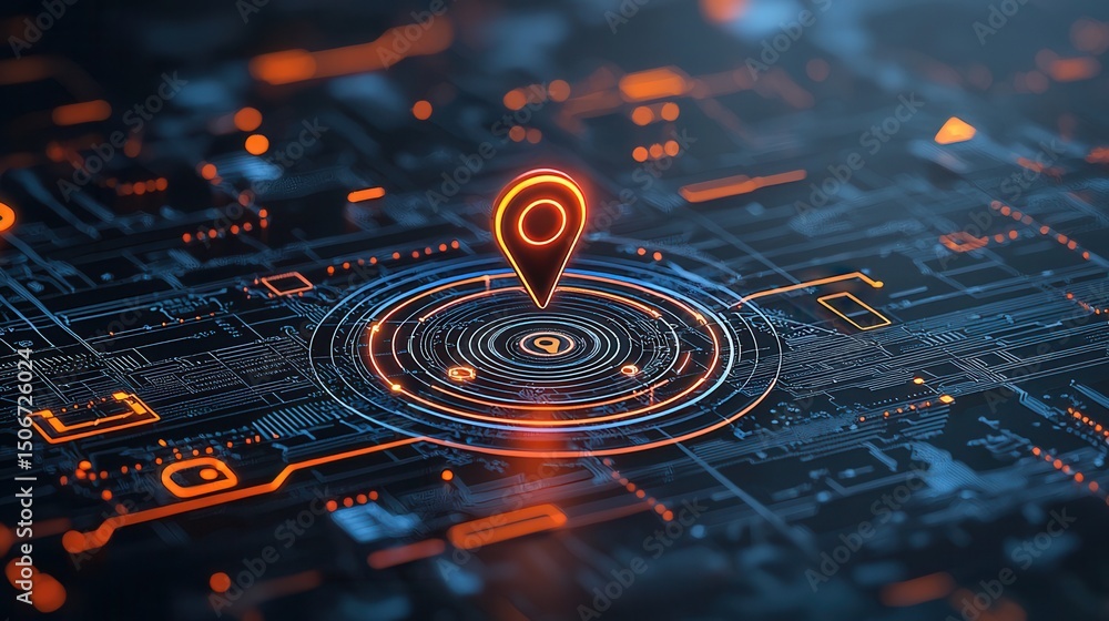 Poster futuristic digital visualization of a global positioning system featuring a central circular interfa