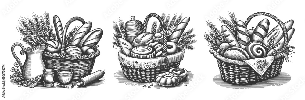 Poster baskets filled with assorted breads, pastries, wheat stalks set collection bundle sketch engraving g