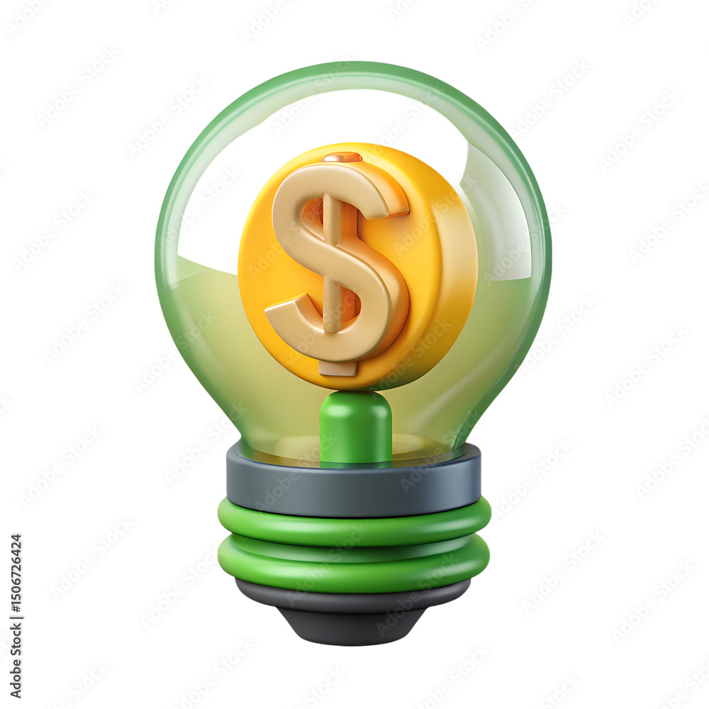 Poster financial idea 3d rendering icon featuring a dollar coin inside a green light bulb representing inve