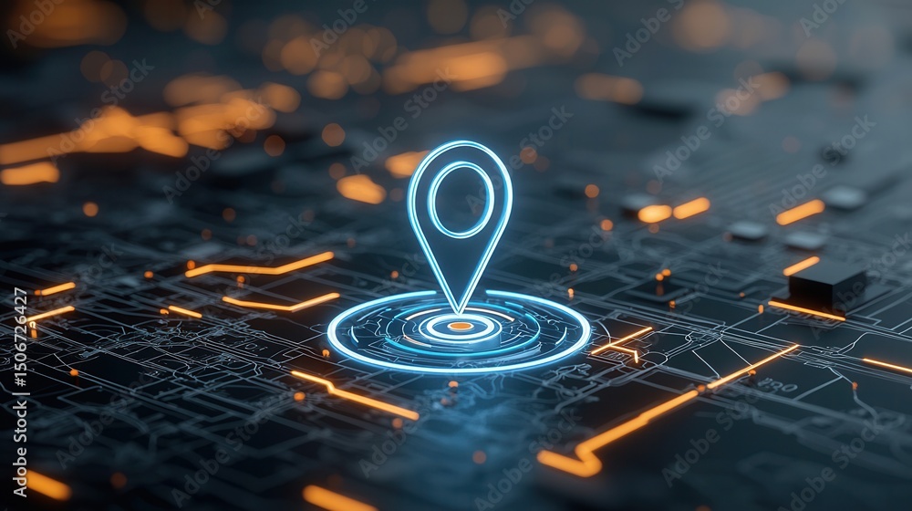 Poster a glowing blue location pin is floating above a futuristic data driven digital landscape representin