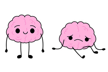 Healthy brain and depressed brain character. Depression, burnout, dysthymia, bipolar disorder, mental problems. Cartoon cute happy and sad brain. Stock vector illustration isolated on white background