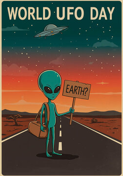 Green alien with a duffel bag and earth sign standing on a road looking for a ride under a UFO. World UFO Day concept illustration.