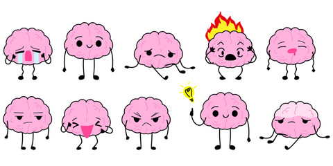 Healthy brain and depressed brain character. Depression, burnout, dysthymia, bipolar disorder, mental problems. Cartoon cute happy and sad brain. Stock vector illustration isolated on white background