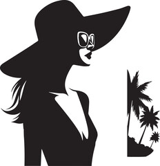 Elegant Woman in Summer Hat at Tropical Beach – Vector Silhouette Art