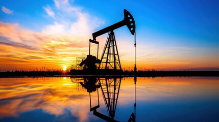Stunning oil pump jack silhouette against vibrant sunset sky, reflecting beautifully on water surface