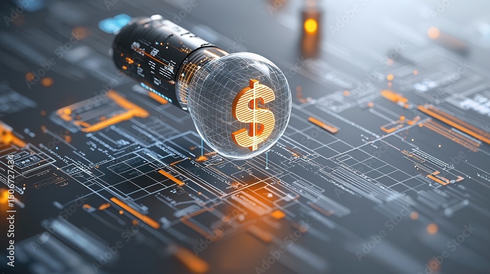 Poster a digital rendering of a glowing dollar sign symbol floating within a complex transparent technologi