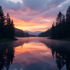 Fototapeta premium Sunset Serenity: A breathtaking vista of a calm lake reflects a vibrant sunset with hues of orange and pink, framed by silhouetted trees and distant mountains.