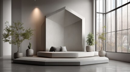 Centered hexagon podium in minimal grey interior 