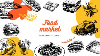 Vintage sketch fast food collage poster with hamburger and pizza. Menu design and packaging hand drawn vector illustration