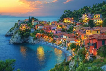 Coastal village sunset, Italy. Calm bay, colorful houses, travel postcard
