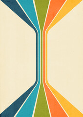 1970s background pattern. Vintage colored perspective stripes on bleached out paper texture.