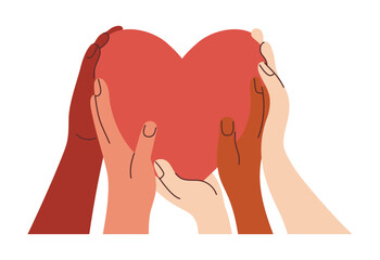 Diverse Hands Holding Big Red Heart. Symbol love, Unity, support, mutual aid and volunteering. Positive inspirational Vector Illustration