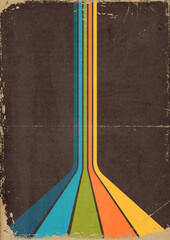 1970s background pattern. Vintage colored perspective stripes on grunge, worn out paper with scratches and folds.