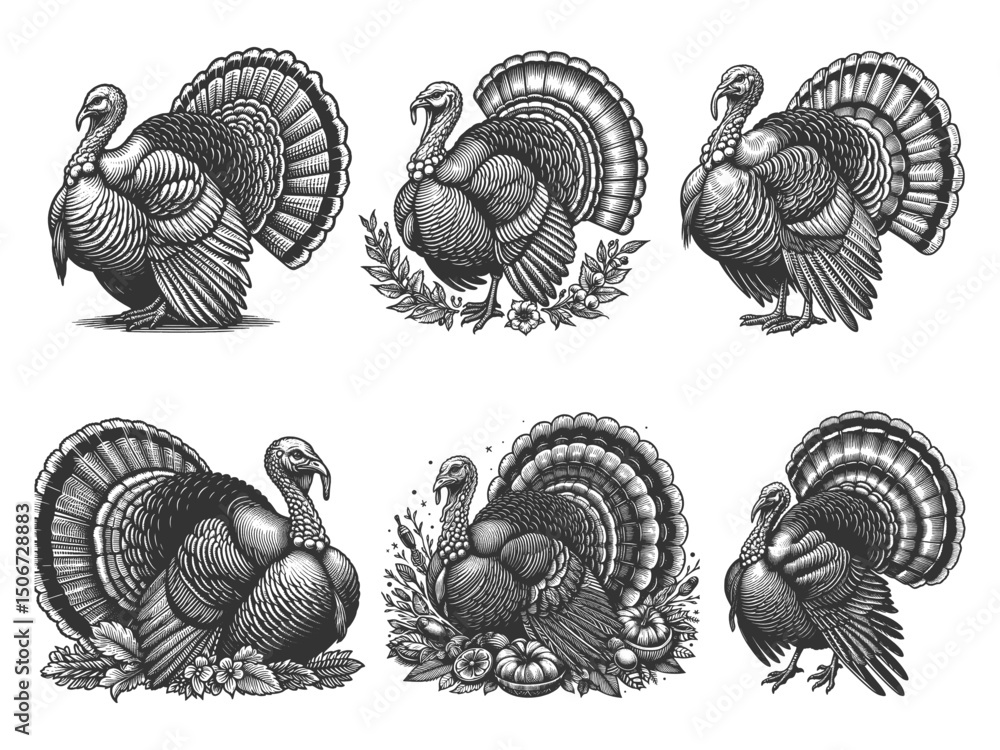 Poster turkey for thanksgiving set collection bundle sketch engraving generative ai vector illustration. sc