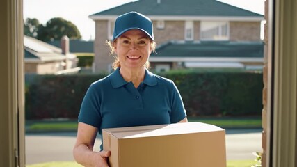 A delivery person in a blue uniform stands at the front door of a house, smiling while holding a large package. It's a sunny day in a suburban area.
