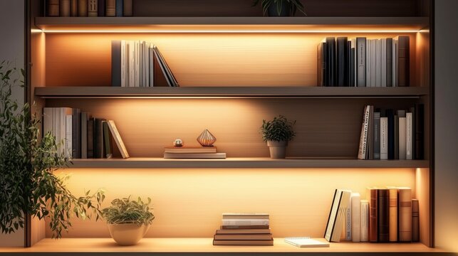 Featuring Warm Accent Lighting on Built-in Bookshelves Adorned, Plants, Decor Items, Cozy Elegant Home Library: Zoom Virtual Meetings Backgrounds, Stylish Interior Backdrops Design, Empty Living Room