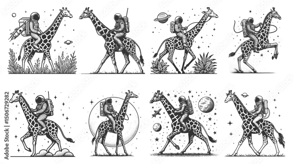 Poster astronaut riding giraffe set collection bundle sketch engraving generative ai vector illustration. s