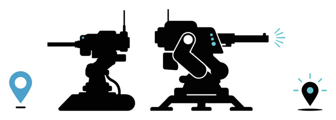 futuristic defense turrets with location markers – black vector silhouette