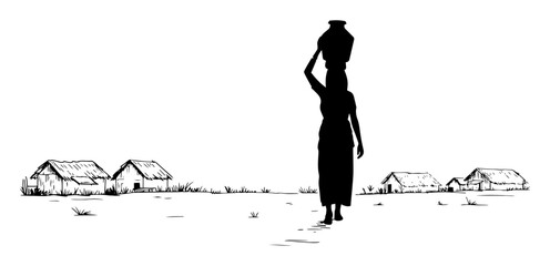 woman carrying water in rural village – black silhouette vector