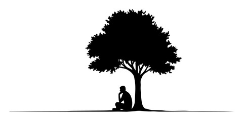 person sitting under tree in silence – minimalist black silhouette