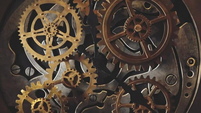 Clockwork mechanism. Gears and cogs rotating. 