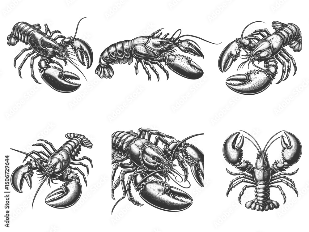Poster lobster set collection bundle sketch engraving generative ai vector illustration. scratch board imit