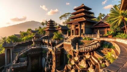 Majestic Asian Temple Complex at Sunset