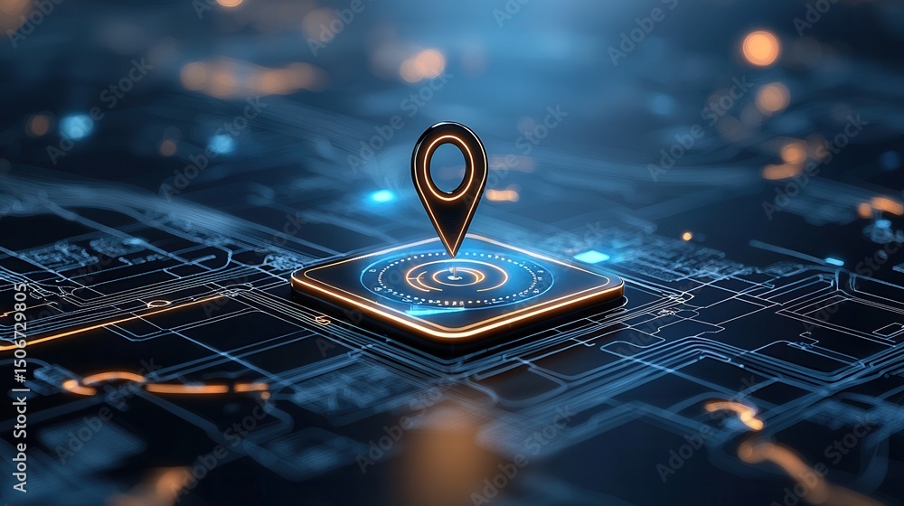 Poster this image depicts a futuristic high tech navigation interface with a prominent location marker show