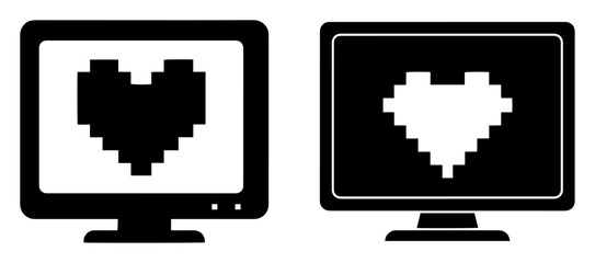 pixel hearts on computer screens – digital love vector icon
