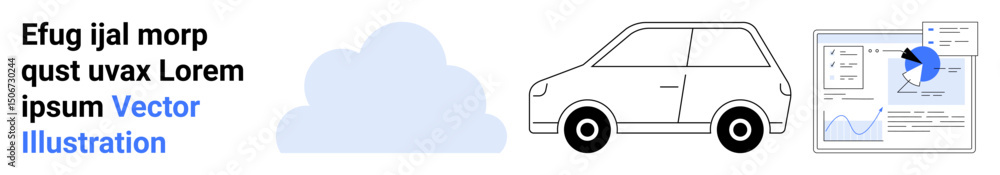 Poster cloud, compact car, and analytic dashboard with graphs and pie chart ideal for technology, transport