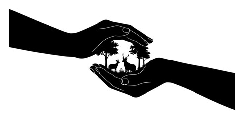 hands protecting forest animals – wildlife conservation vector
