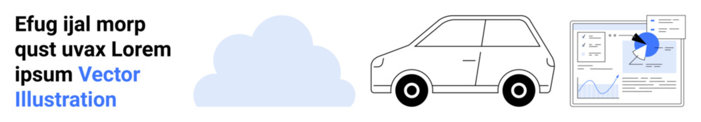 Cloud, compact car, and analytic dashboard with graphs and pie chart ideal for technology, transportation, mobility, innovation, cloud computing, data analytics, and simple landing page
