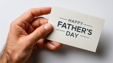 Close-up of male hand holding elegant Father&rsquo;s Day greeting card with dark lettering on textured paper ideal for minimal holiday ads, branding mockups and masculine celebration visuals
