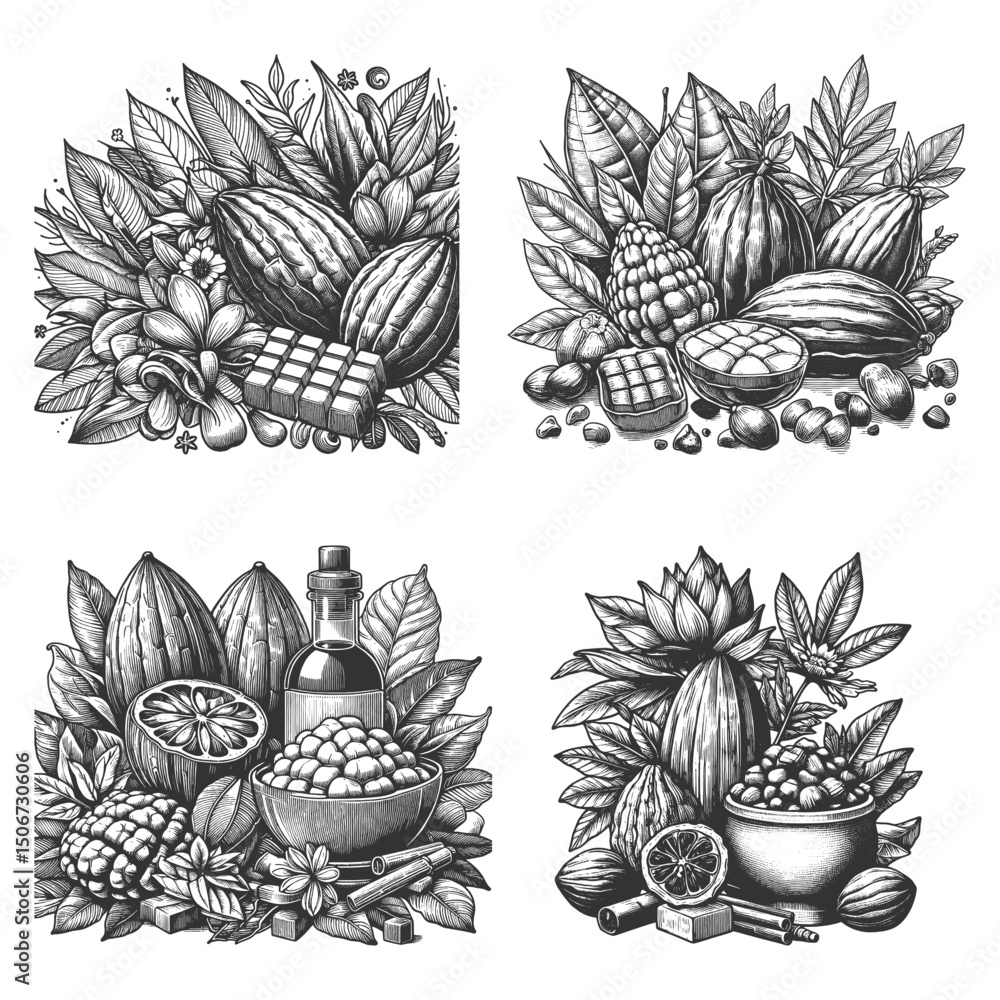 Poster cacao and chocolate set collection bundle sketch engraving generative ai vector illustration. scratc
