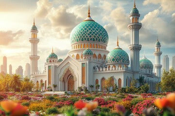 Obraz premium Sunrise Mosque, Cityscape, Flowers, Peaceful