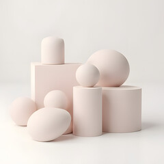 Pastel Geometric Forms: A serene composition of soft pink geometric shapes, including spheres, cylinders, and cubes, arranged artfully on a minimalist background.