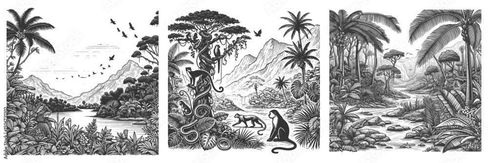 Poster jungle landscape set collection bundle sketch engraving generative ai vector illustration. scratch b