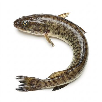 A burbot with a brown and green pattern, isolated on a white