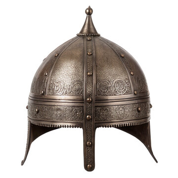 Traditional indo persian khula khud helmet showcasing intricate metalwork and craftsmanship, isolated on transparent background for easy integration into designs