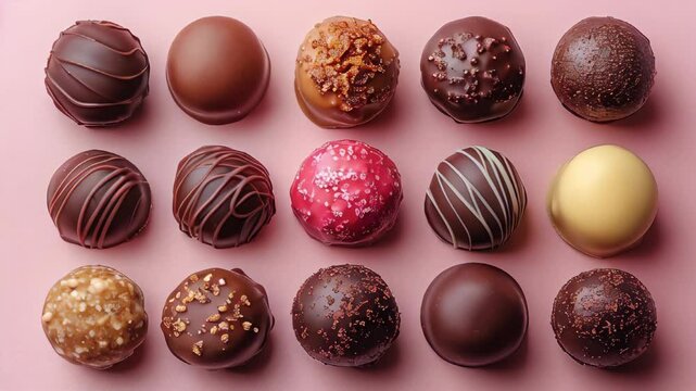A delightful arrangement of gourmet chocolates featuring various shapes, colors, and toppings is thoughtfully displayed against a pink background. Each piece exhibits unique flavors.