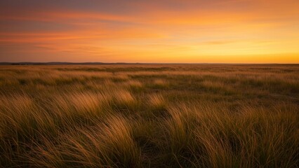 Obraz premium The golden orange sky stretched over the vast grasslands.