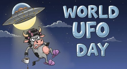 World ufo day illustration with a cartoon cow being abducted by an alien spaceship at night. Humorous concept for greeting card.