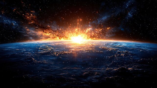 Bright light exploding in the dark universe, creating a blue horizon  HD 8k wallpaper photographic image