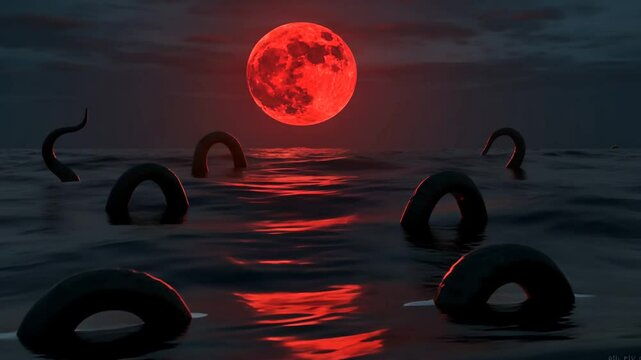 Red Pixelated Moon Over Dark Ocean Surface with Tentacles Rising from Water at Night
