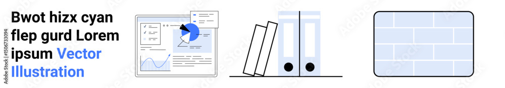 Aufkleber digital chart with pie graph and data, two binders on a shelf, grid-pattern board. ideal for busines