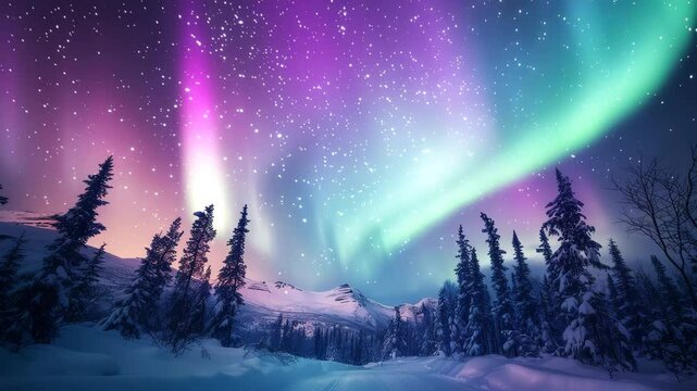 Captivating aurora borealis over winter landscape.