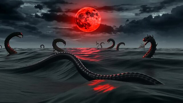 Dark Ocean Scene with Red Moon and Sea Creatures Under Dramatic Cloudy Sky