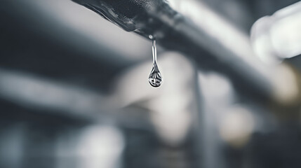 Close-up of water droplet falling from cooling tower, symbolizing Legionnaires' disease risk in industrial water systems, environmental health and safety concept.